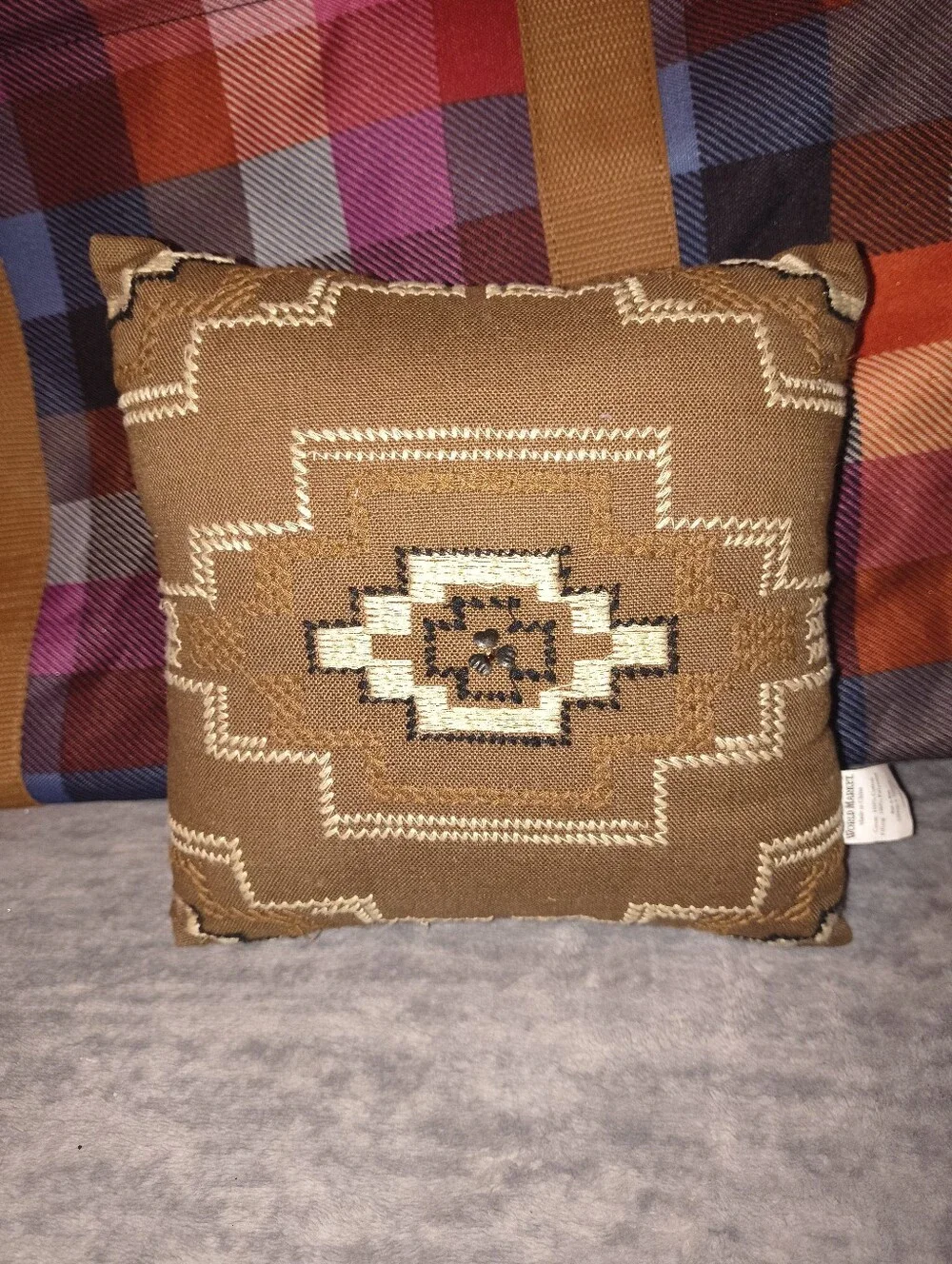 World Market Brown Southwestern Accent Pillow with Geometric Embroidery